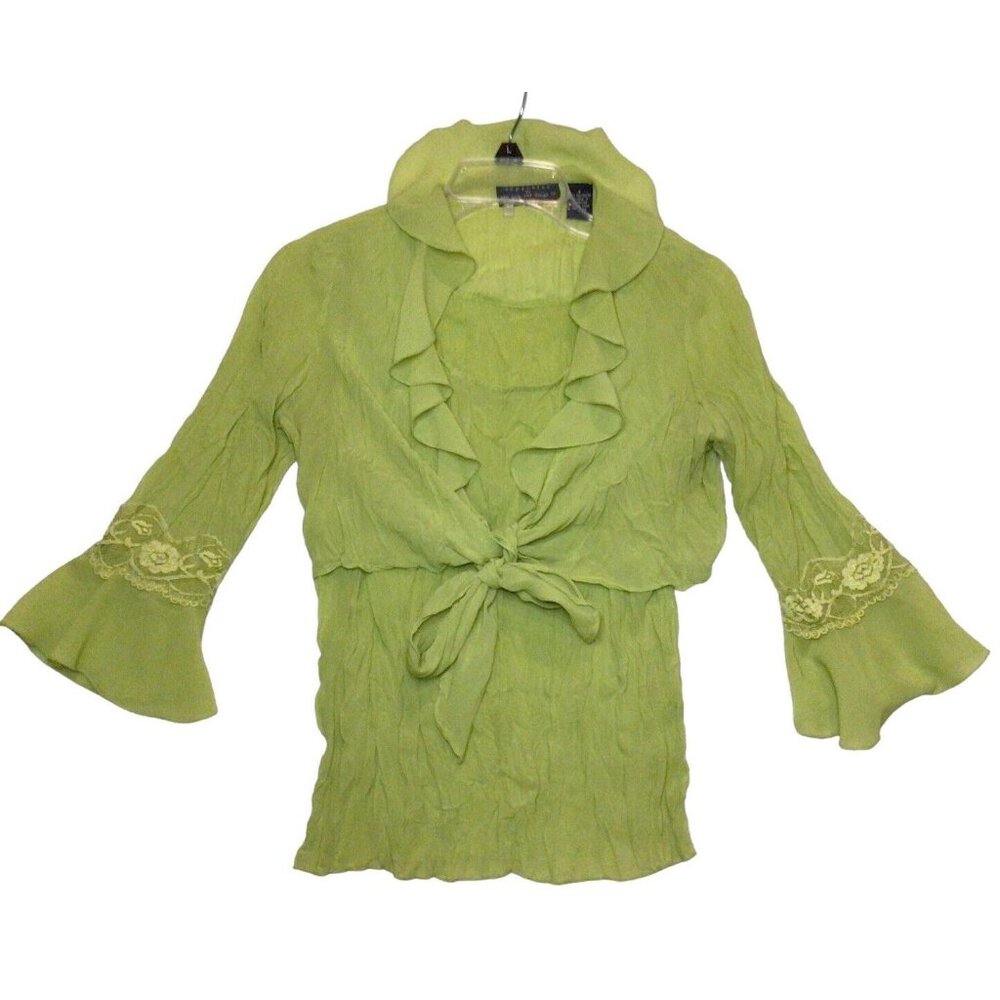 Womens Blouse Green Crinkle Lace 3/4 Sleeves Ruffles Tie Front Brat Vacay Beachy